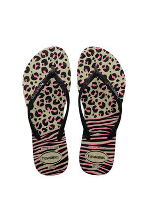teenslippers met panterprint zwart/roze