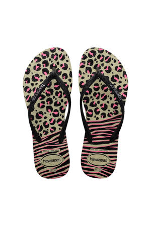 teenslippers met panterprint zwart/roze