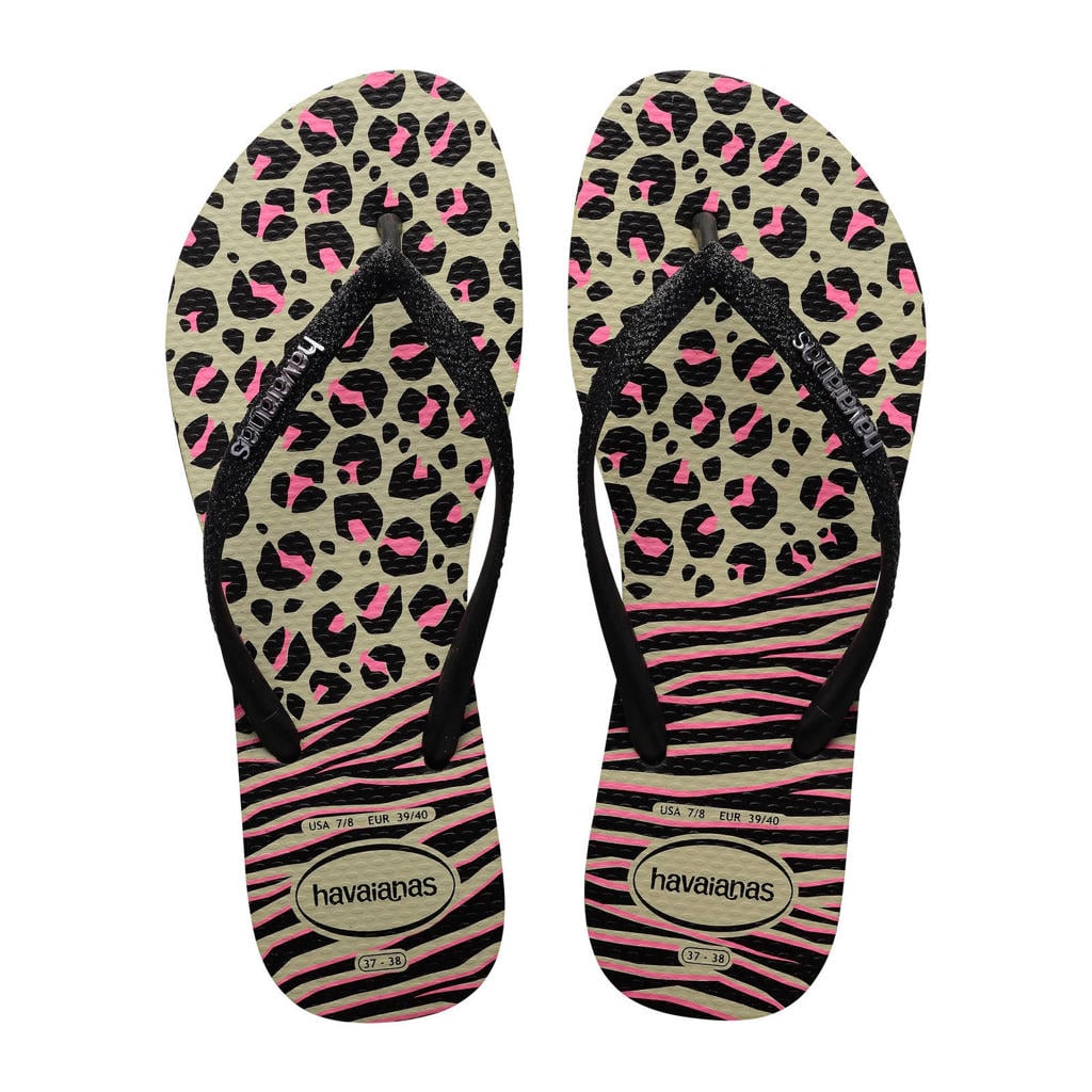 Zwart en roze dames Havaianas teenslippers van rubber met panterprint