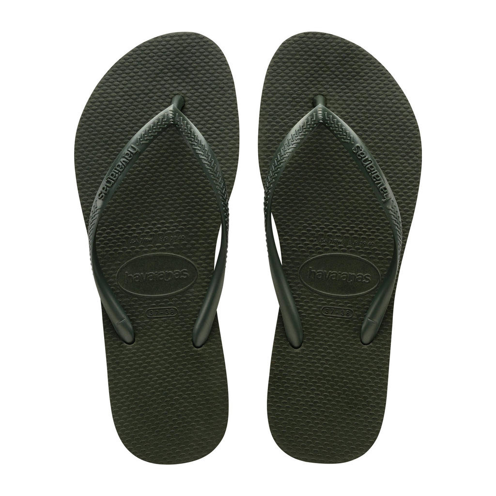 Olijfgroene dames Havaianas Slim teenslippers van rubber met effen
