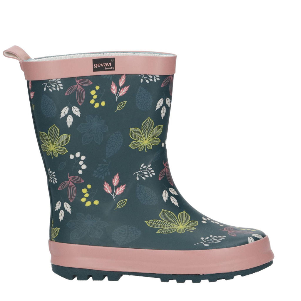 Donkerblauw en roze meisjes Gevavi Fleur regenlaarzen van rubber met bloemenprint