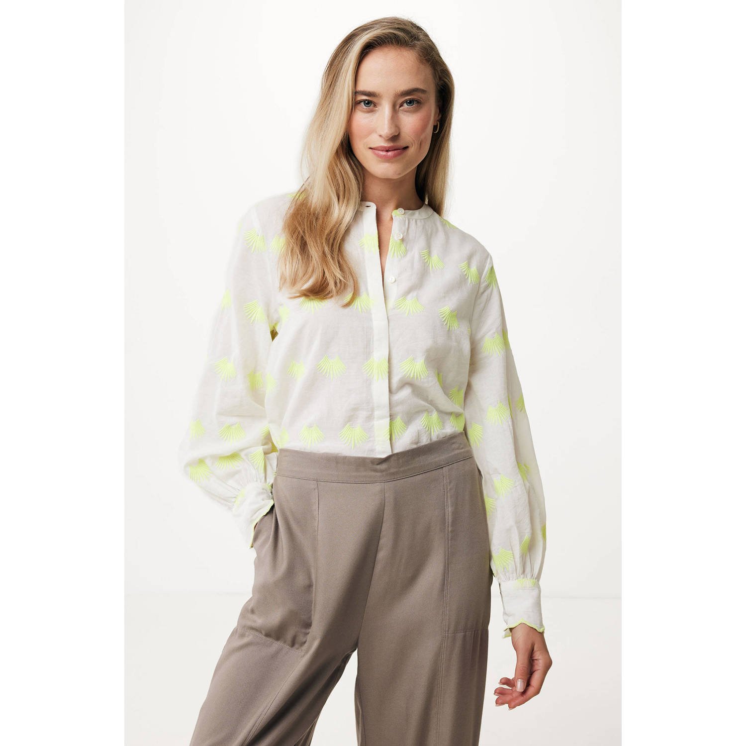 Mexx Offwhite Geborduurde Blouse Limoen Groen Multicolor Dames