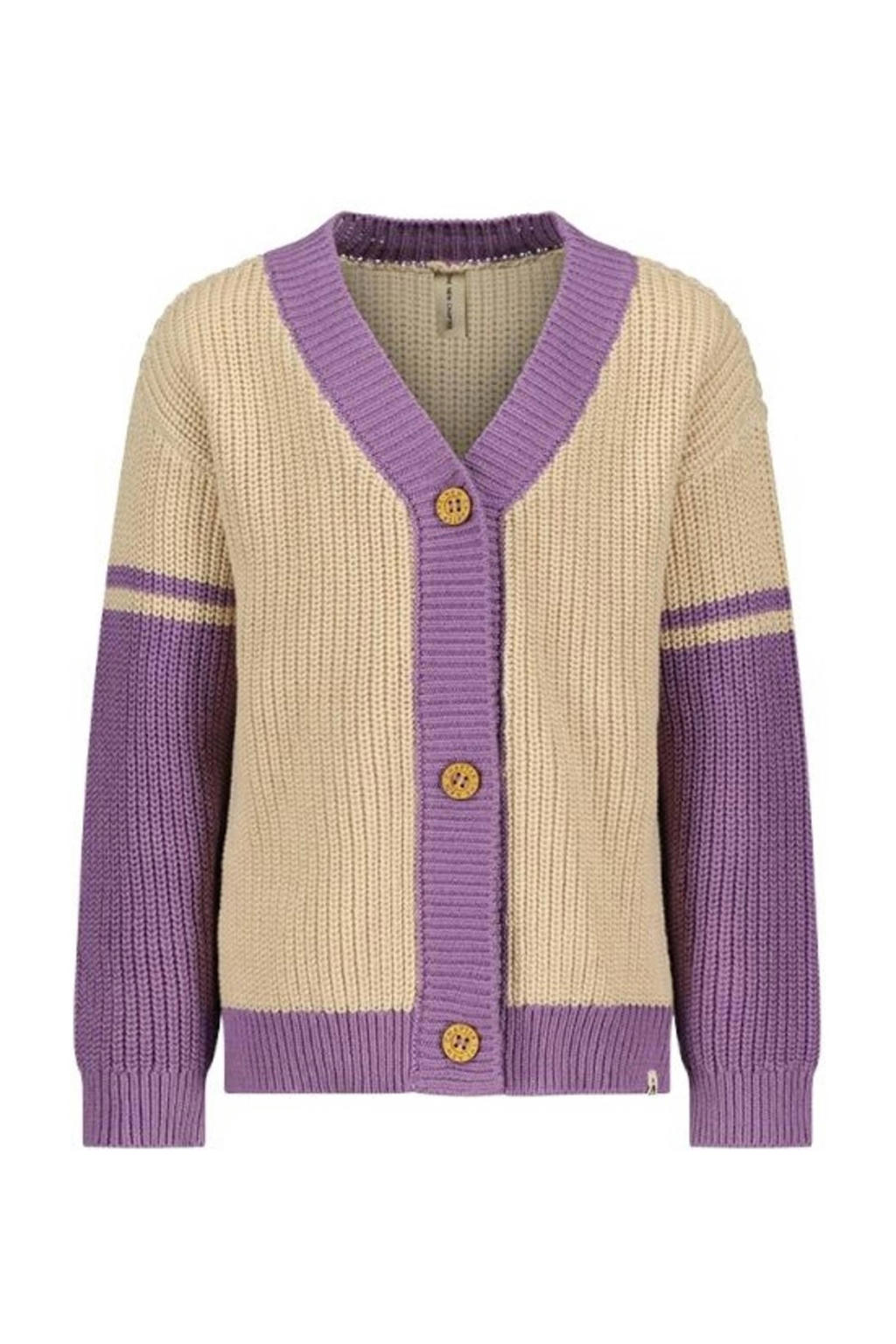 Paars en ecru meisjes The New Chapter vest Harper van katoen met meerkleurige print, lange mouwen, V-hals en knoopsluiting