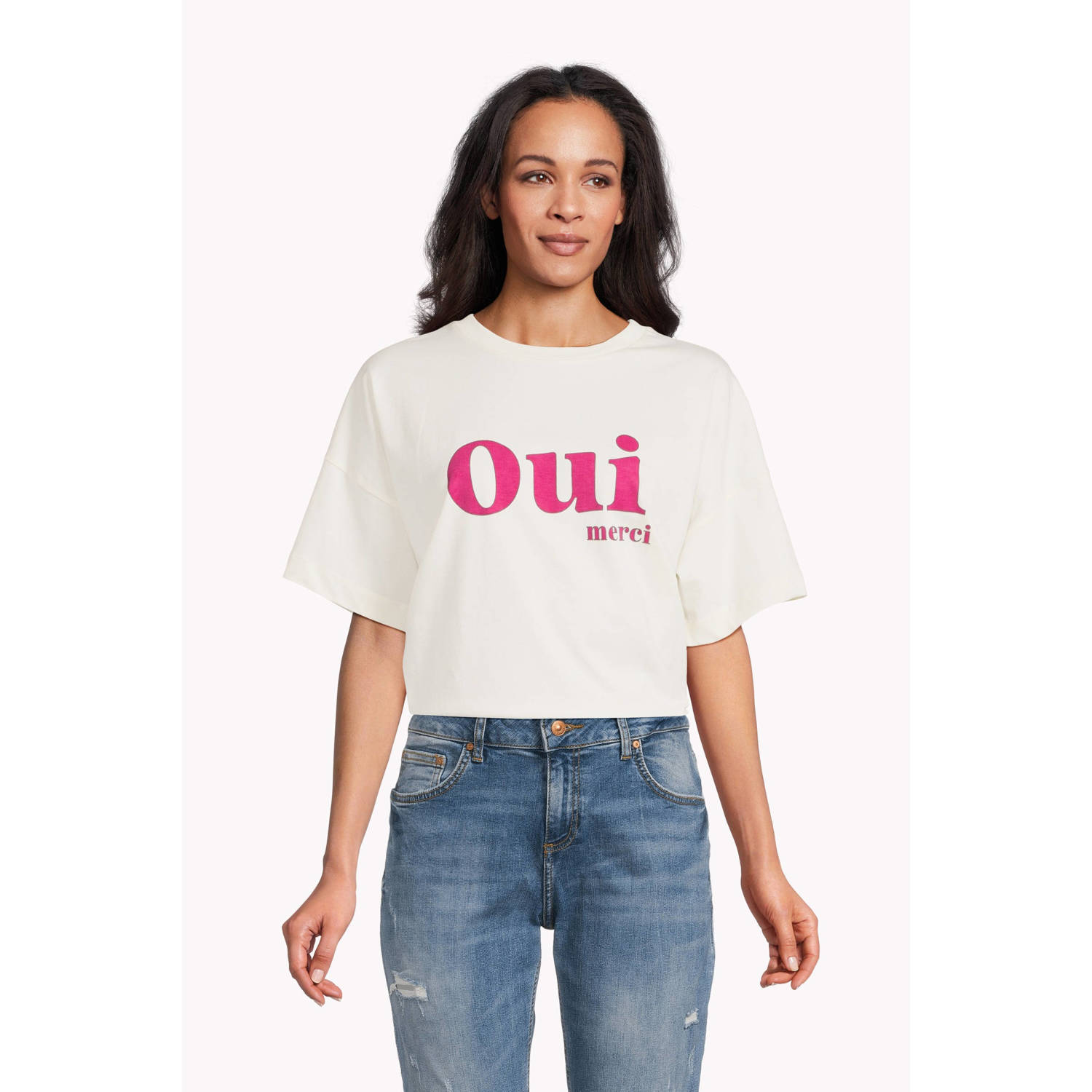 FREEQUENT T-shirt FQCAROL met tekst wit roze