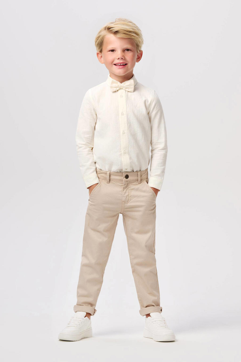 Beige jongens Noppies regular fit broek Dryden van katoen met ritssluiting en effen