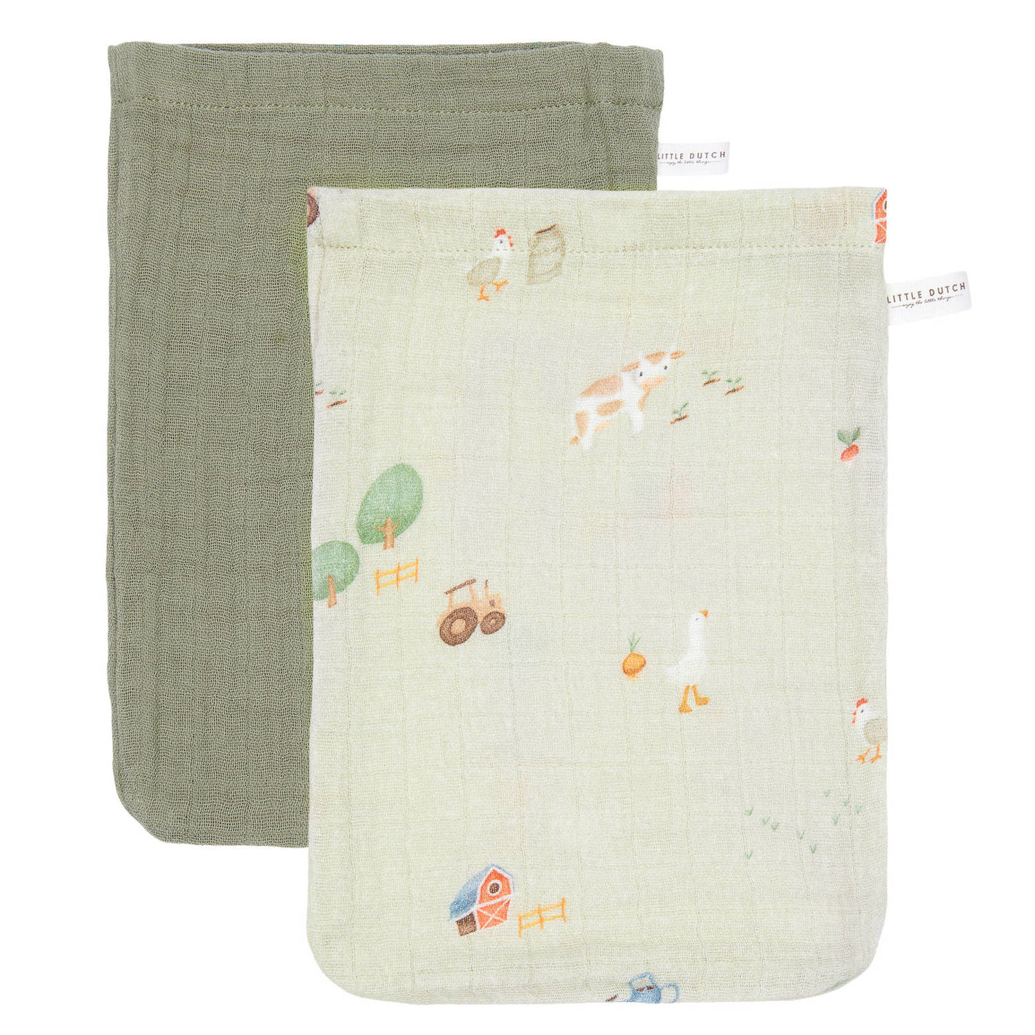 Little Dutch hydrofiel washandje set van 2- Little Farm Olive Hydrofiele washandjes Groen