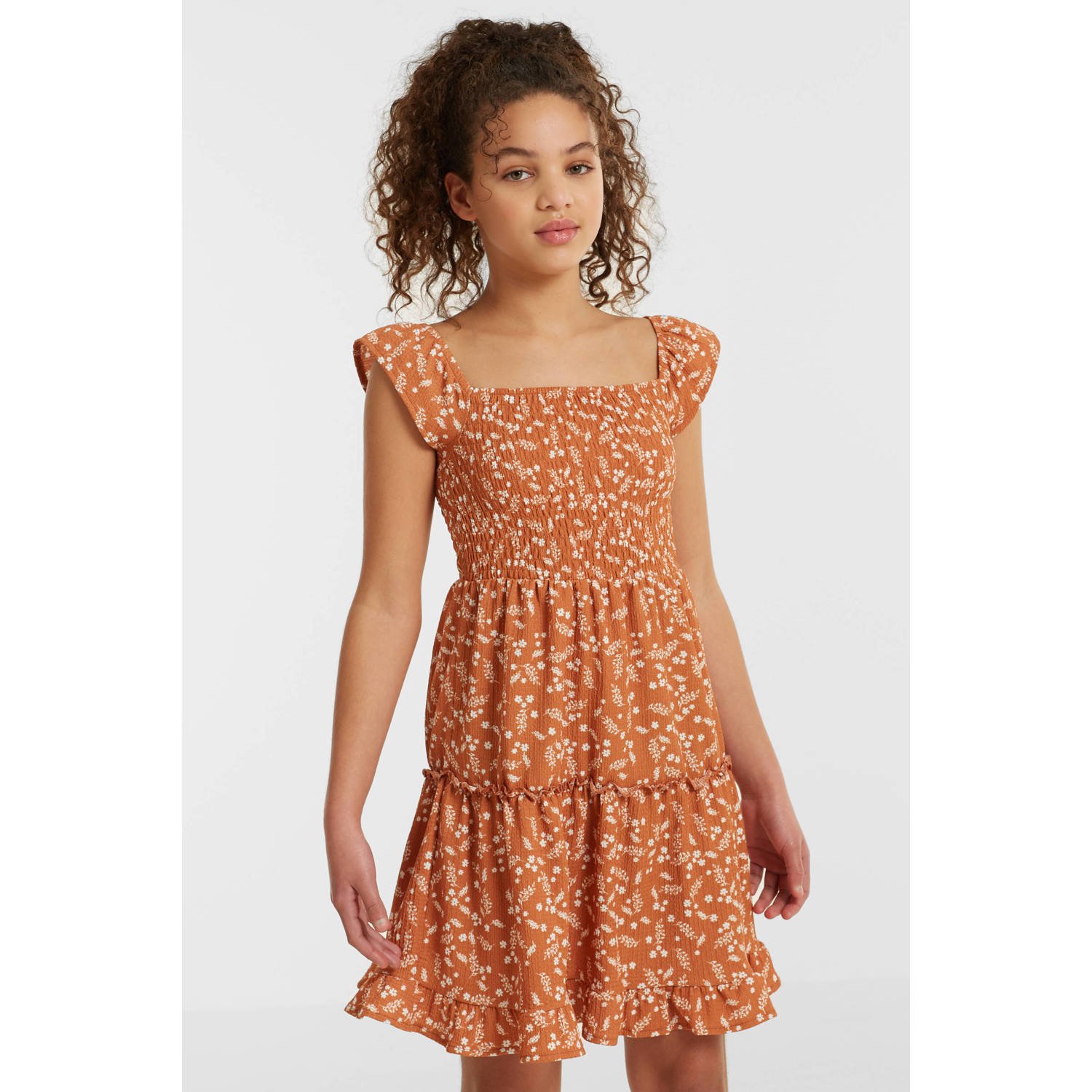 Anytime crinkle jurk met all over print lichtbruin Meisjes Polyester Vierkante hals 110 116
