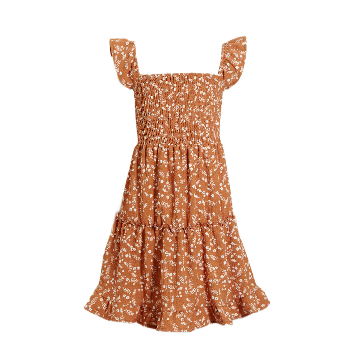 Anytime crinkle jurk met all over print lichtbruin Meisjes Polyester Vierkante hals 146 152