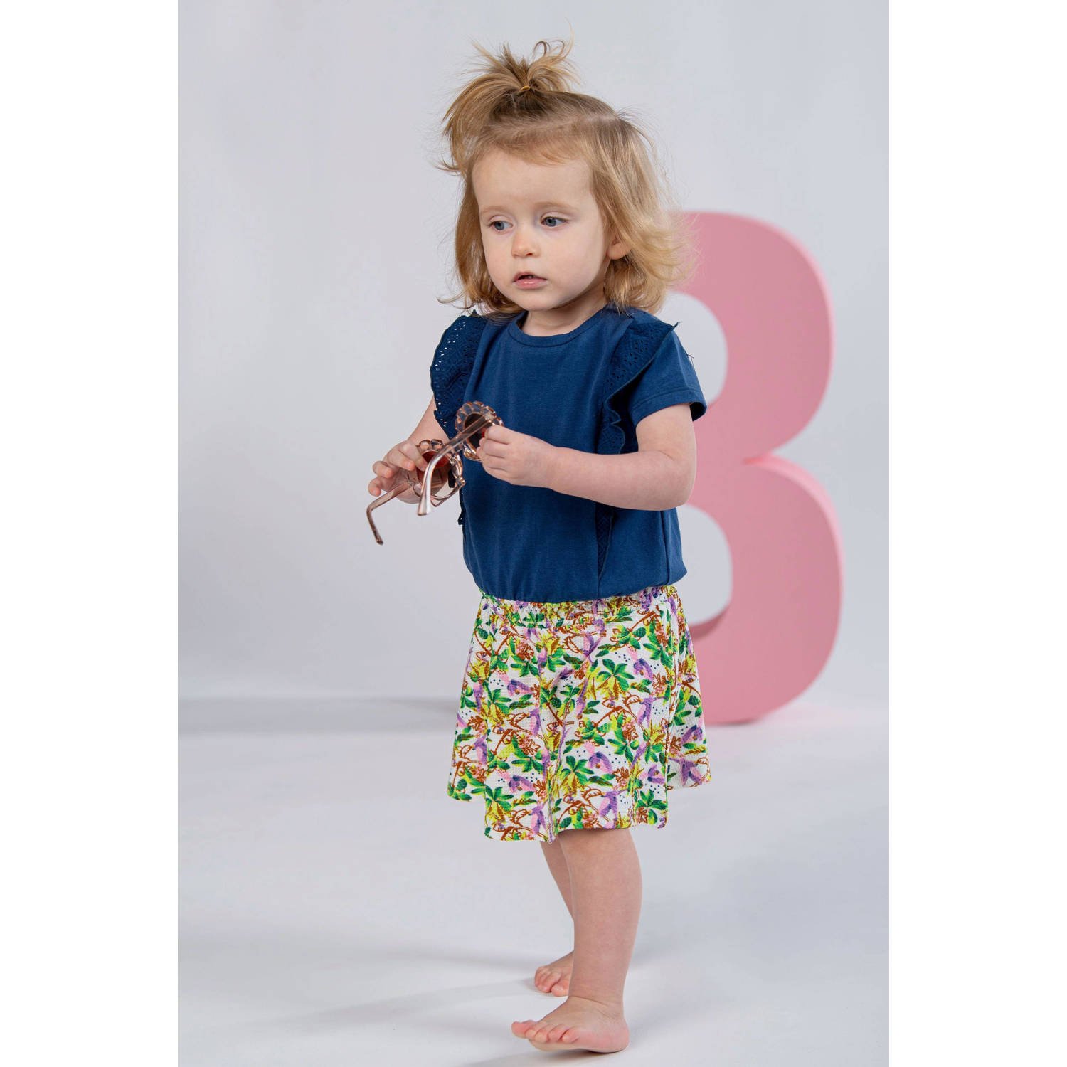 B.Nosy gebloemde jurk donkerblauw groen roze Meisjes Polyester Ronde hals 74