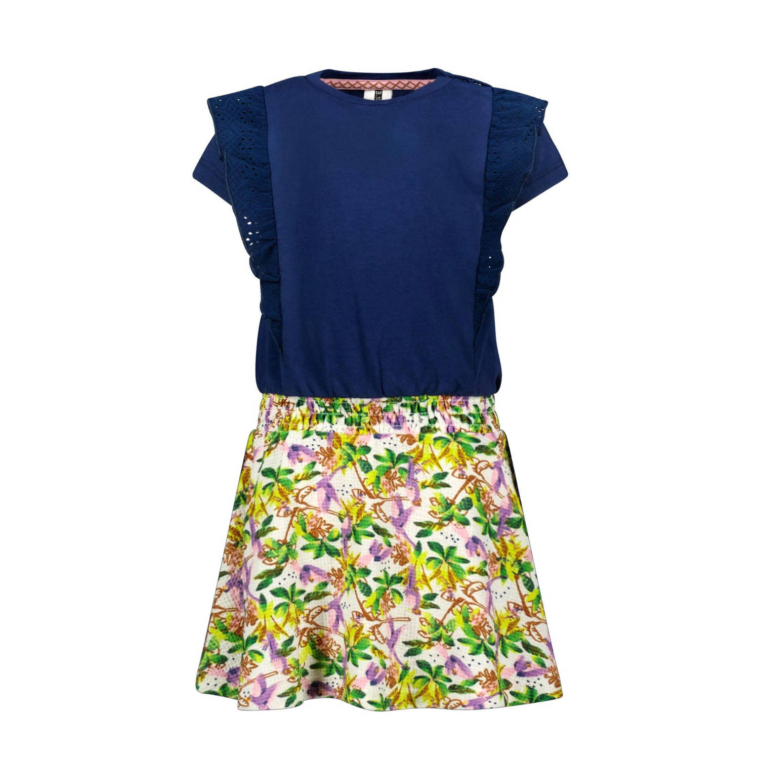 B.Nosy gebloemde jurk donkerblauw groen roze Meisjes Polyester Ronde hals 86