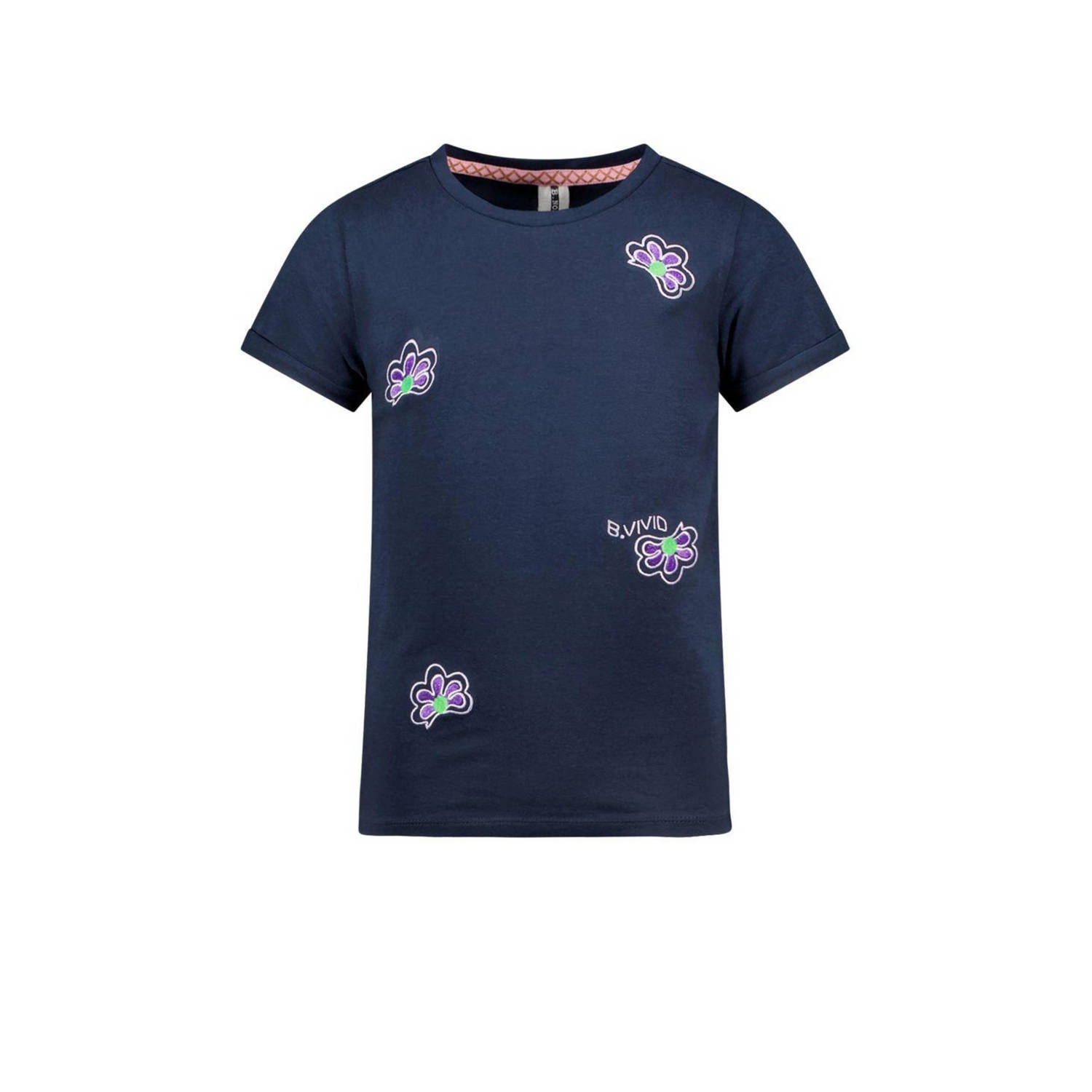 B.Nosy gebloemd T-shirt Vivianne donkerblauw Meisjes Polyester Ronde hals 122 128