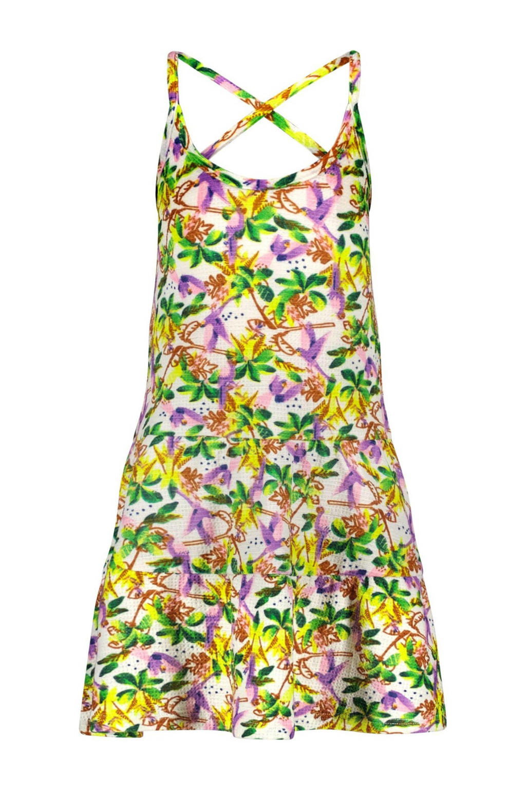 Roze, geel en multikleurige meisjes B.Nosy gebloemde A-lijn jurk color van polyester met spaghettibandjes en ronde hals