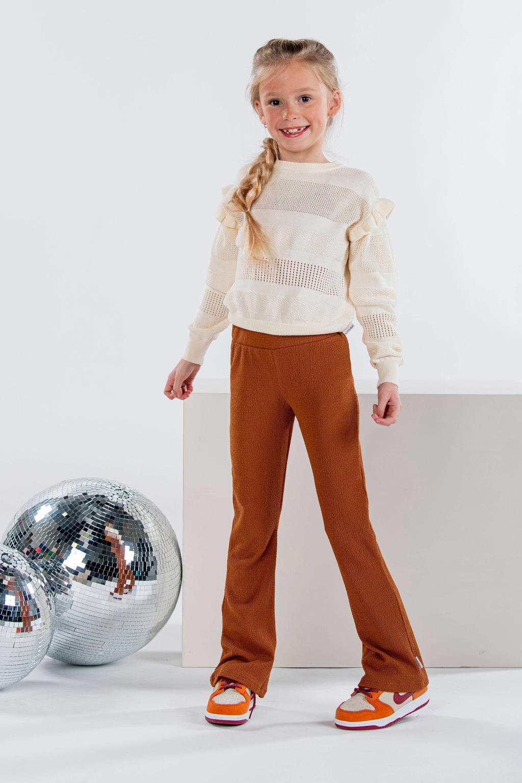 Bruine meisjes B.Nosy flared broek van polyester met regular waist, elastische tailleband en effen