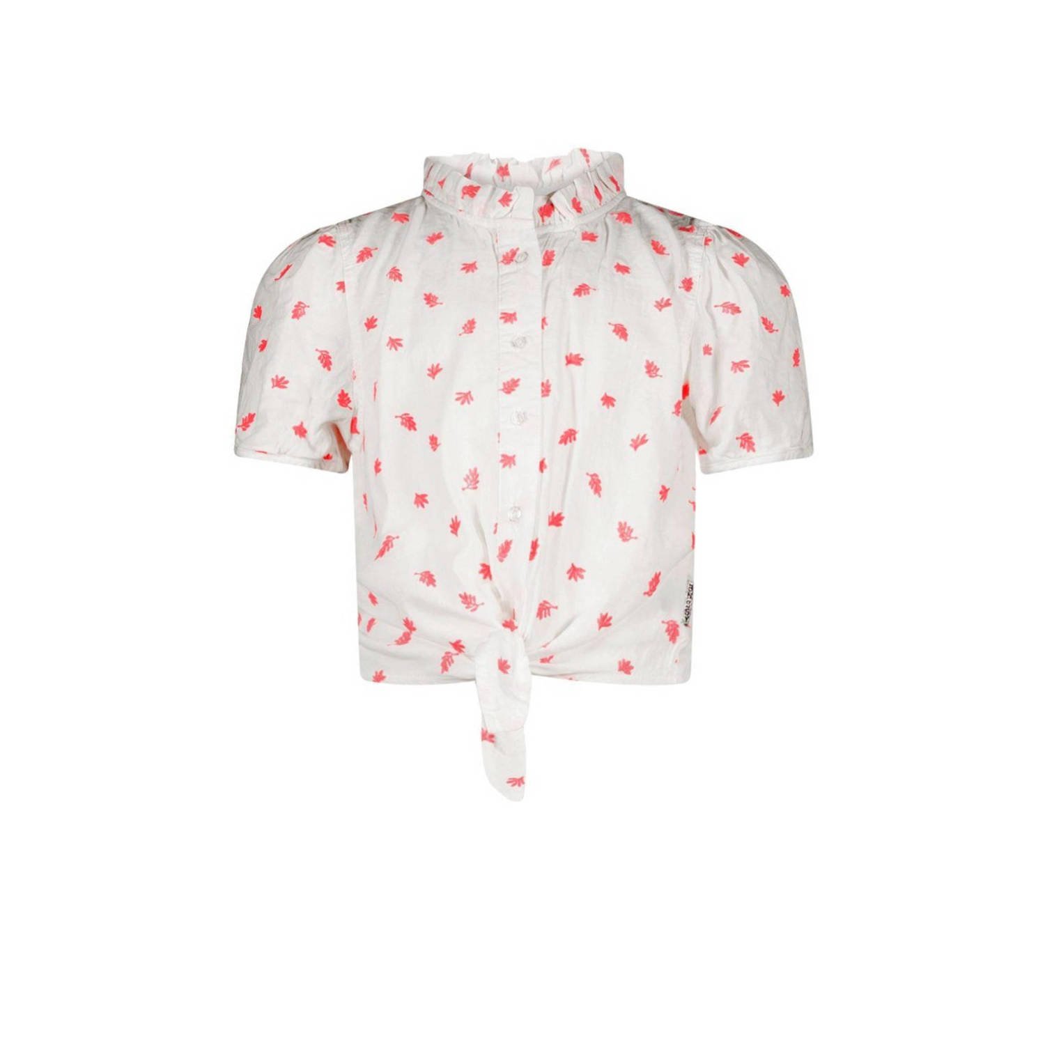 B.Nosy blouse met all over print en ruches wit fluor roze