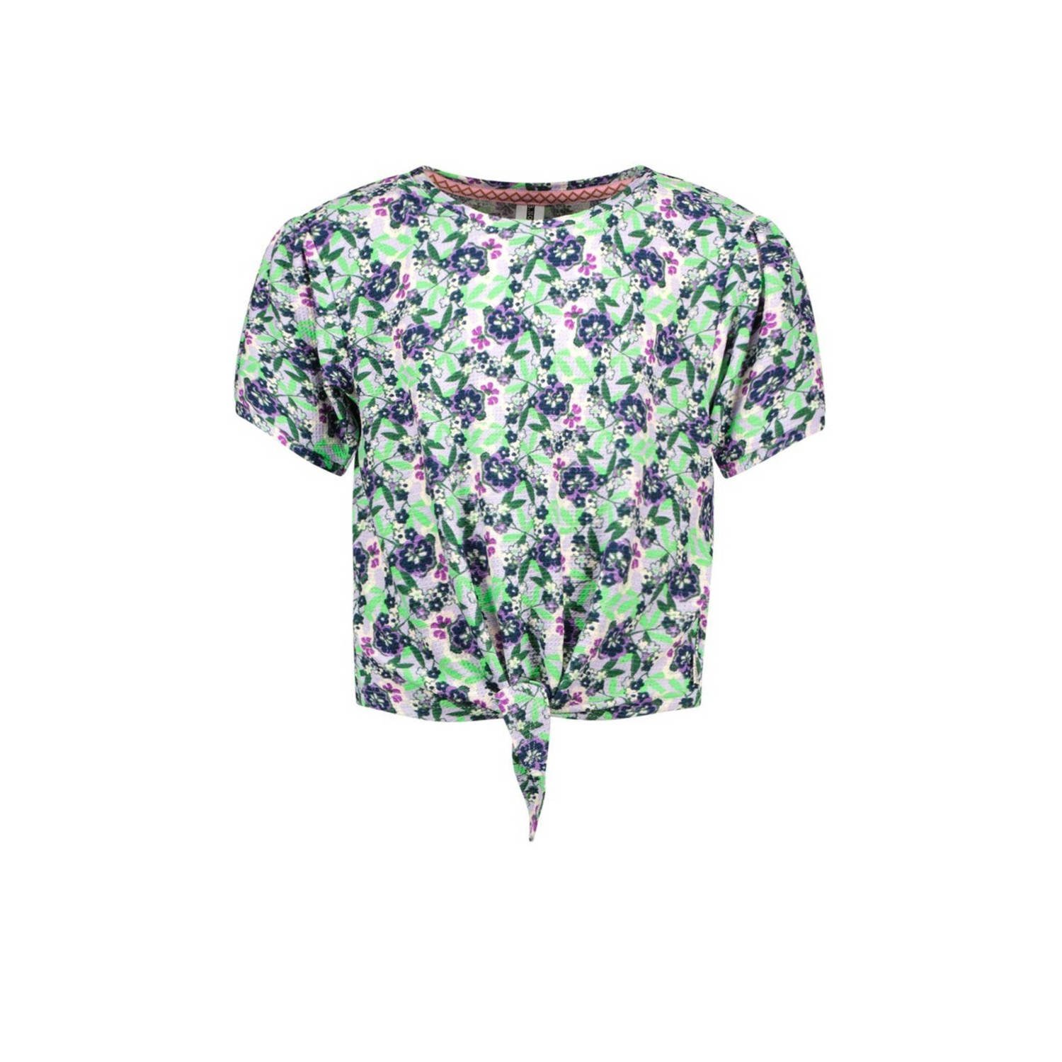 B.Nosy gebloemd T-shirt Veerle lichtgroen donkerblauw paars Meisjes Gerecycled polyester Ronde hals 122 128