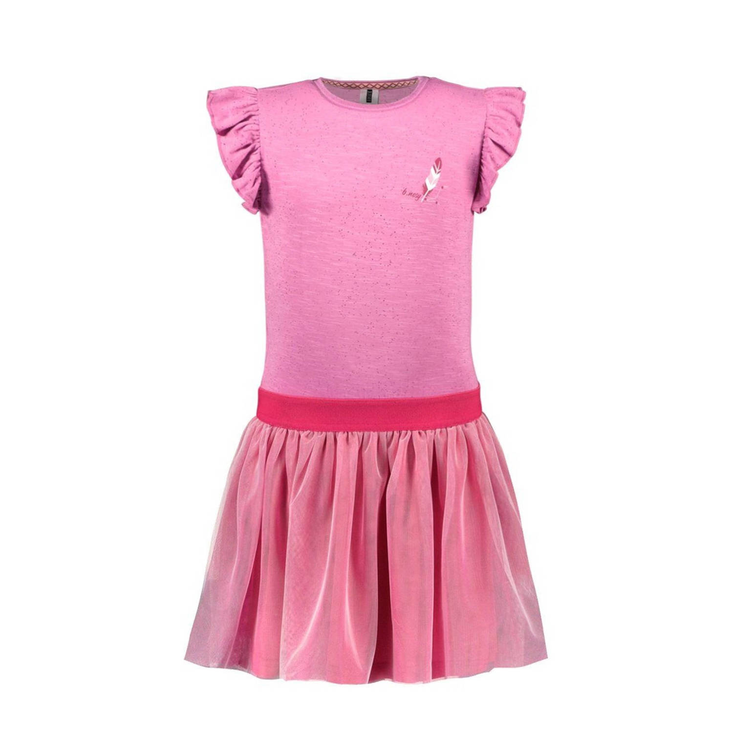 B.Nosy jurk met ruches fuchsia roze Meisjes Viscose Ronde hals Meerkleurig 146-152