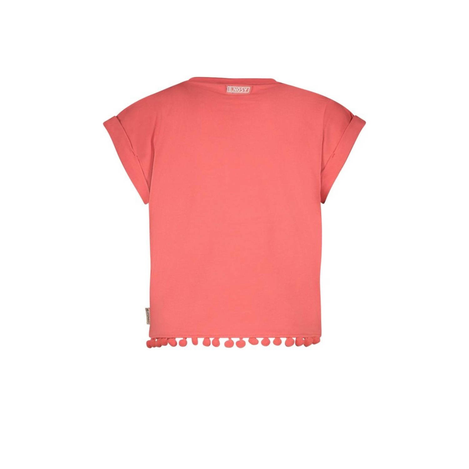 B.Nosy T-shirt met tekst en franjes koraalroze