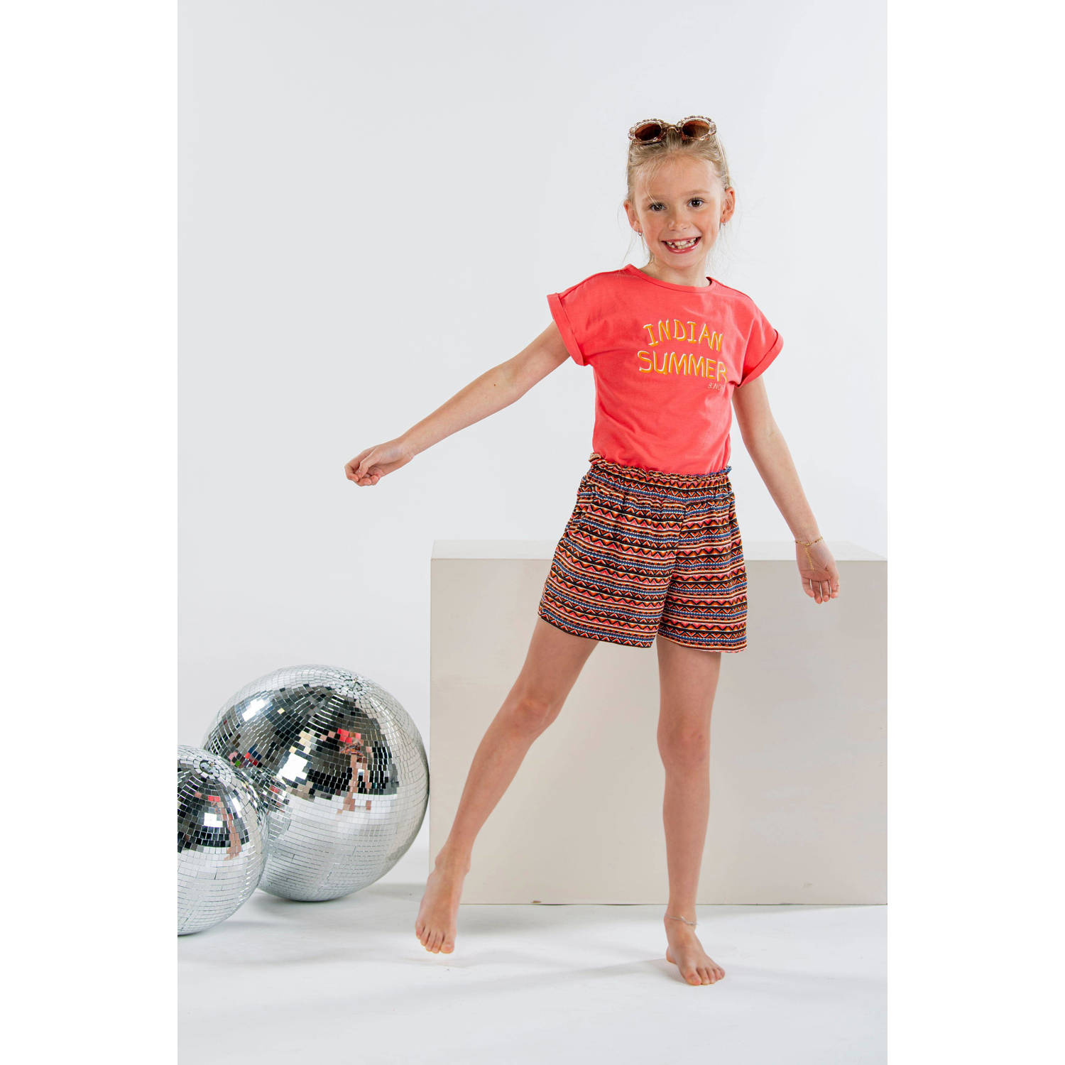B.Nosy T-shirt met tekst en franjes koraalroze Oranje Meisjes Stretchkatoen Ronde hals 122 128