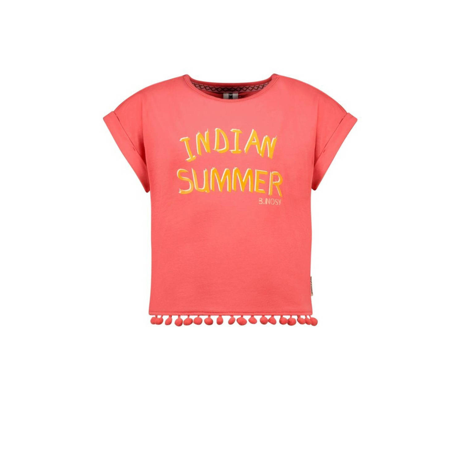 B.Nosy T-shirt met tekst en franjes koraalroze Oranje Meisjes Stretchkatoen Ronde hals 122 128
