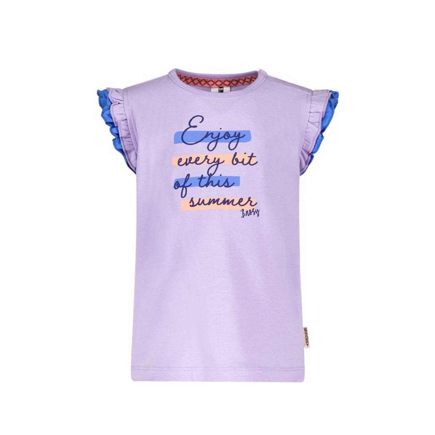 B.Nosy T-shirt Pearl met tekst en ruches lila blauw Paars Meisjes Stretchkatoen Ronde hals 74