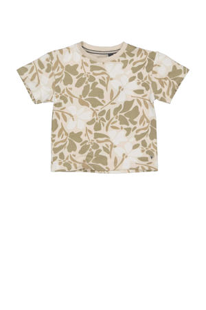 T-shirt MAK met all over print ecru/wit/mosgroen