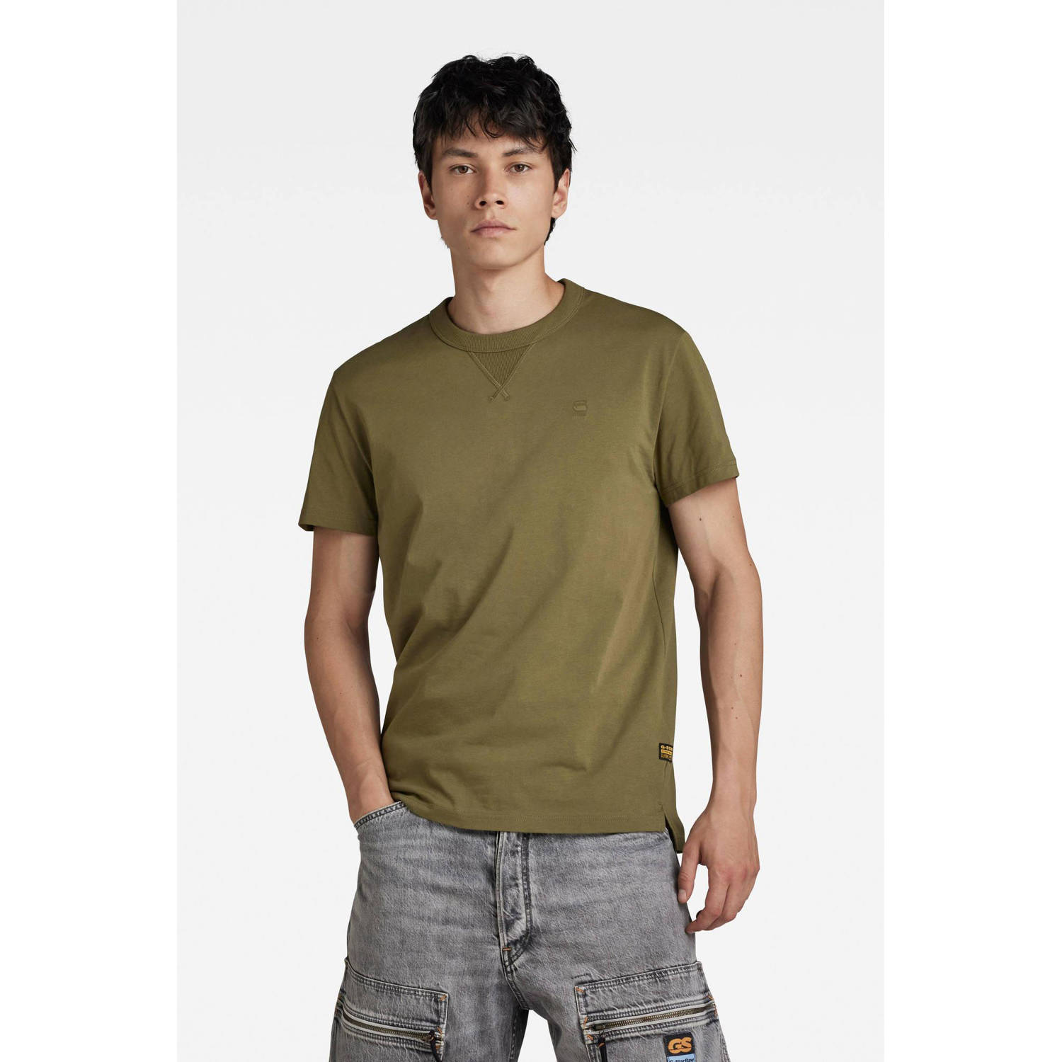 G-Star RAW slim fit T-shirt met logo olijfgroen