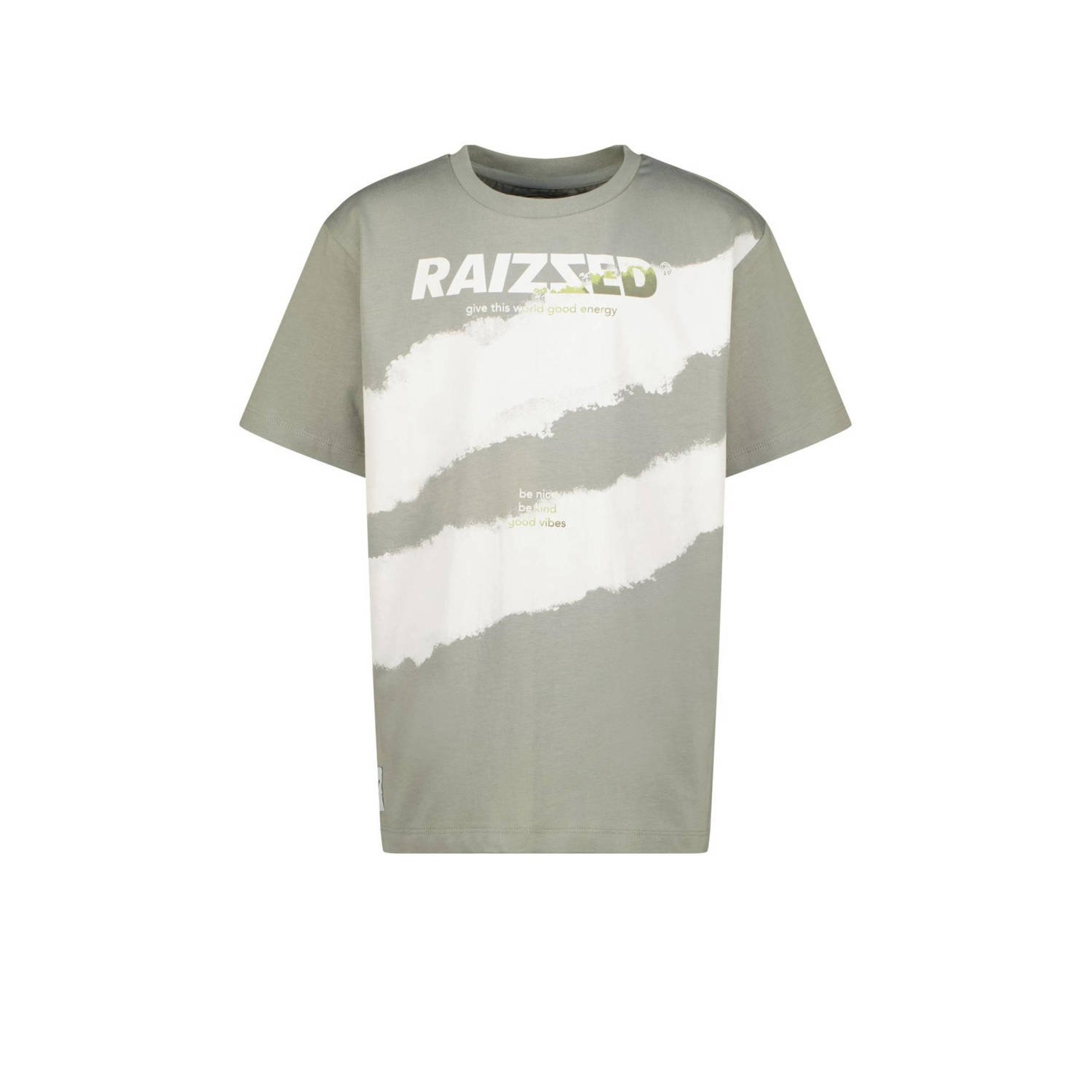 Raizzed T-shirt Hush met printopdruk grijsgroen wit Jongens Katoen Ronde hals 152