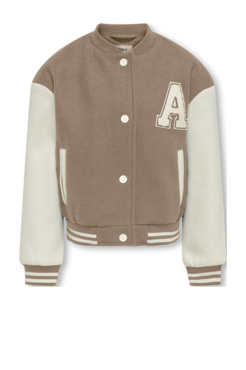Taupe en beige meisjes KIDS ONLY GIRL bomberjack zomer met meerkleurige print, lange mouwen, ronde hals, ritssluiting en elastische boord