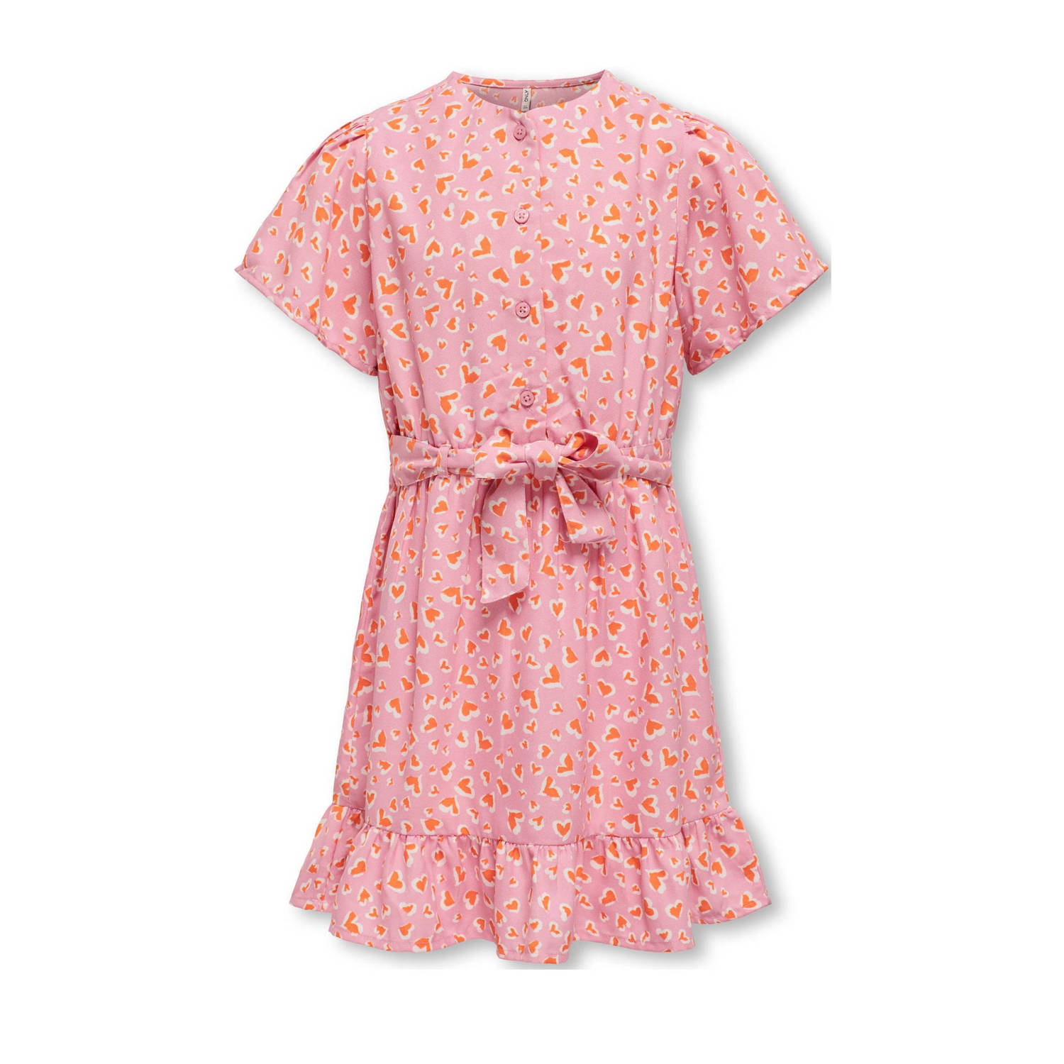 Only KIDS GIRL jurk KOGPALMA met all over print en volant roze oranje wit Meisjes Polyester Ronde hals 116