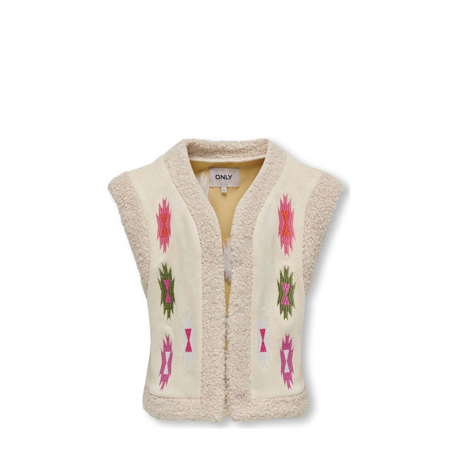 ONLY KIDS GIRL gilet KOGFRIDA met all over print en borduursels ecru roze groen