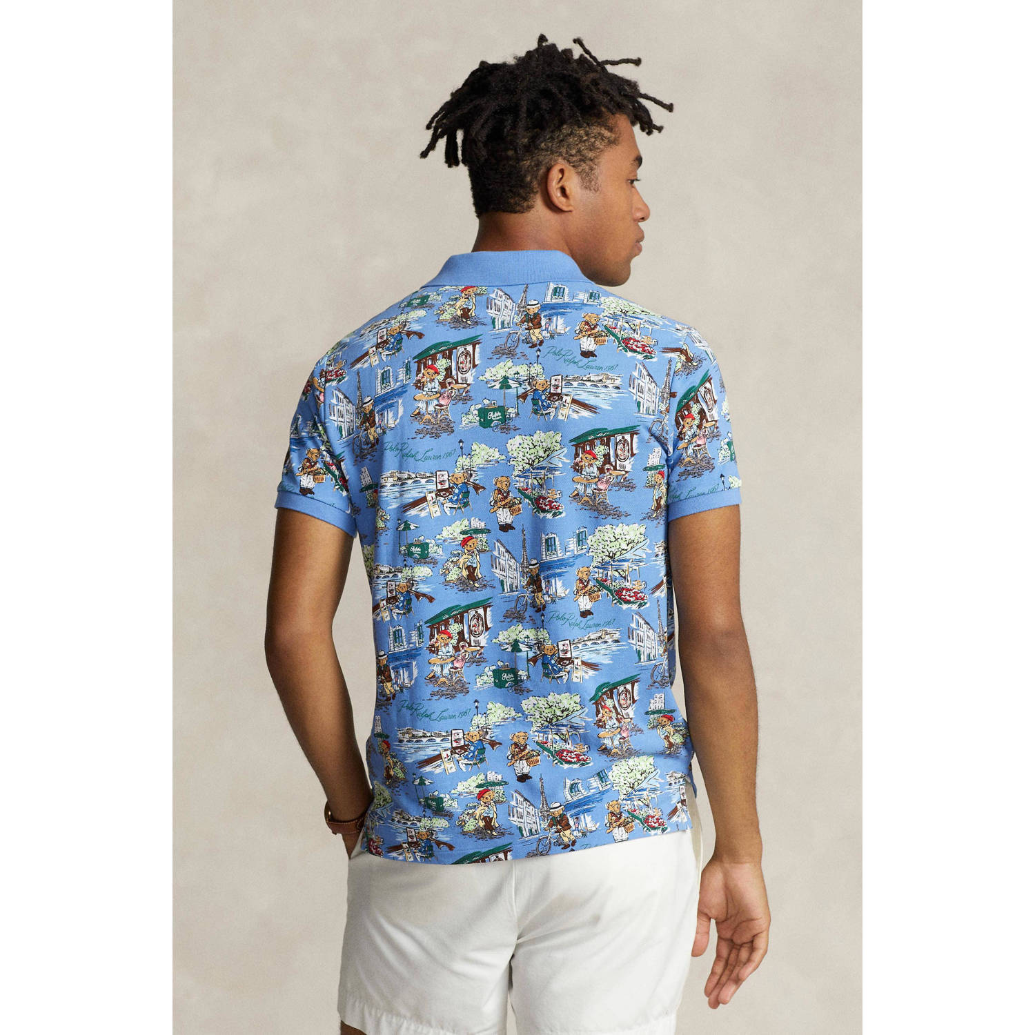 POLO Ralph Lauren slim fit polo met all over print paris bear blue