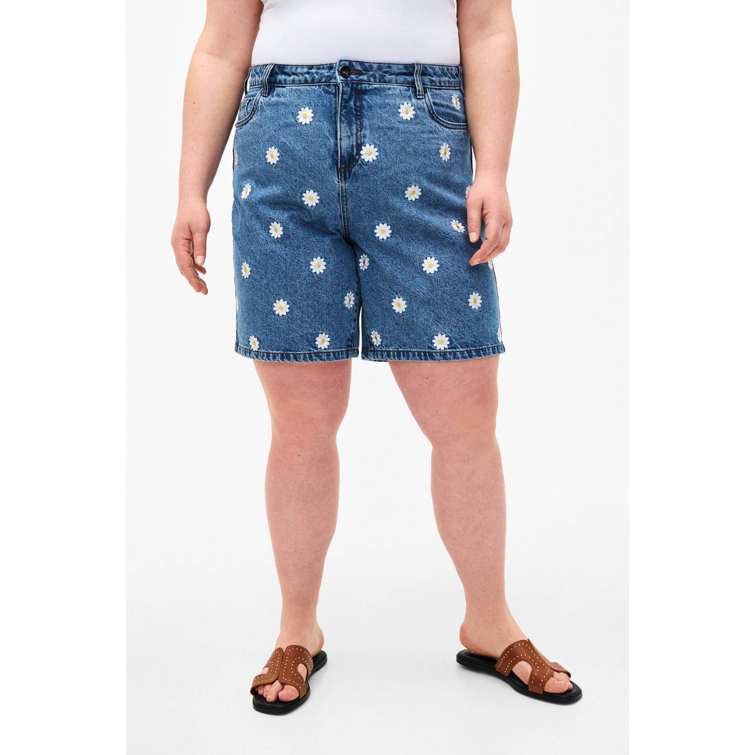 Zizzi gebloemde high waist straight fit denim short medium blue denim