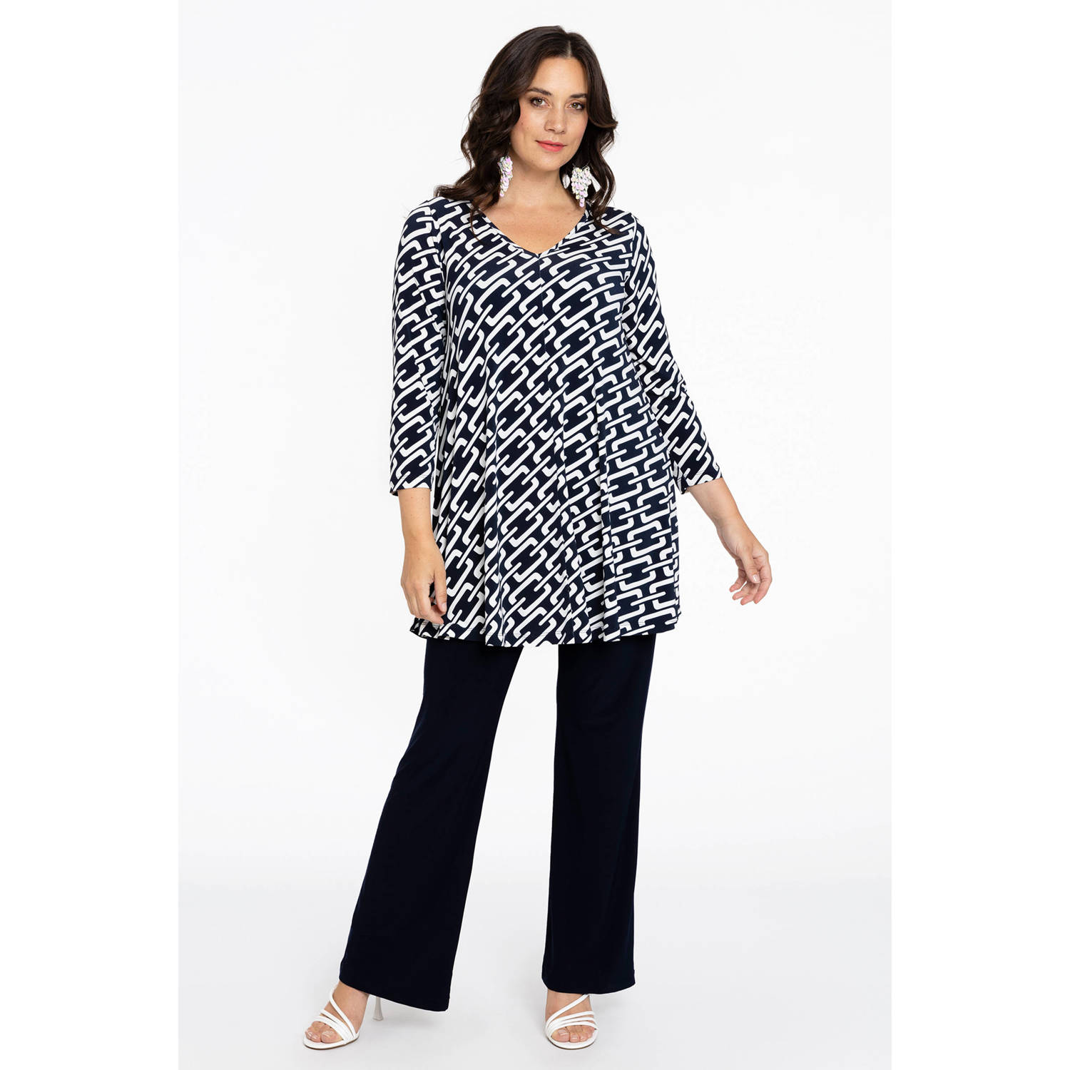 YOEK geweven tuniek DOLCE met all over print donkerblauw wit