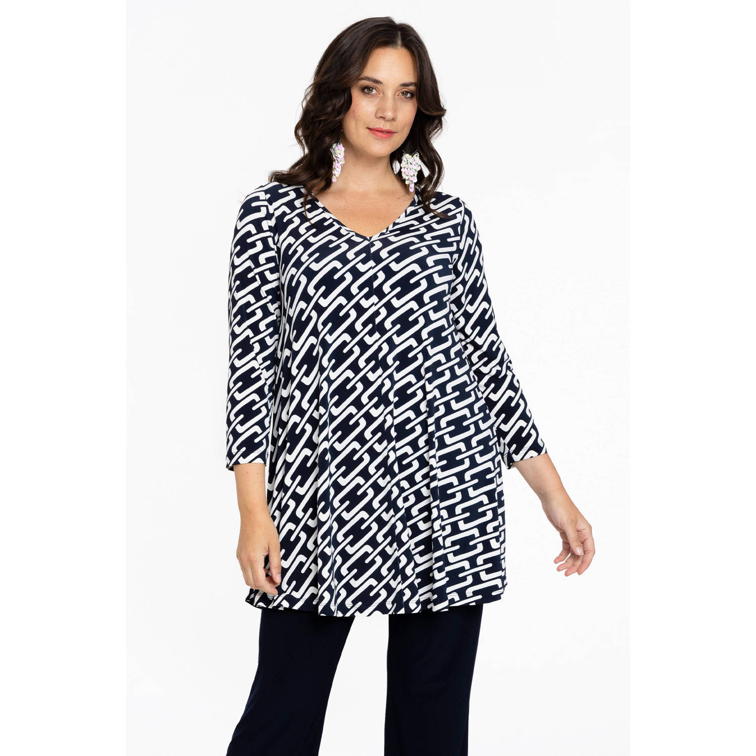 YOEK geweven tuniek DOLCE met all over print donkerblauw wit