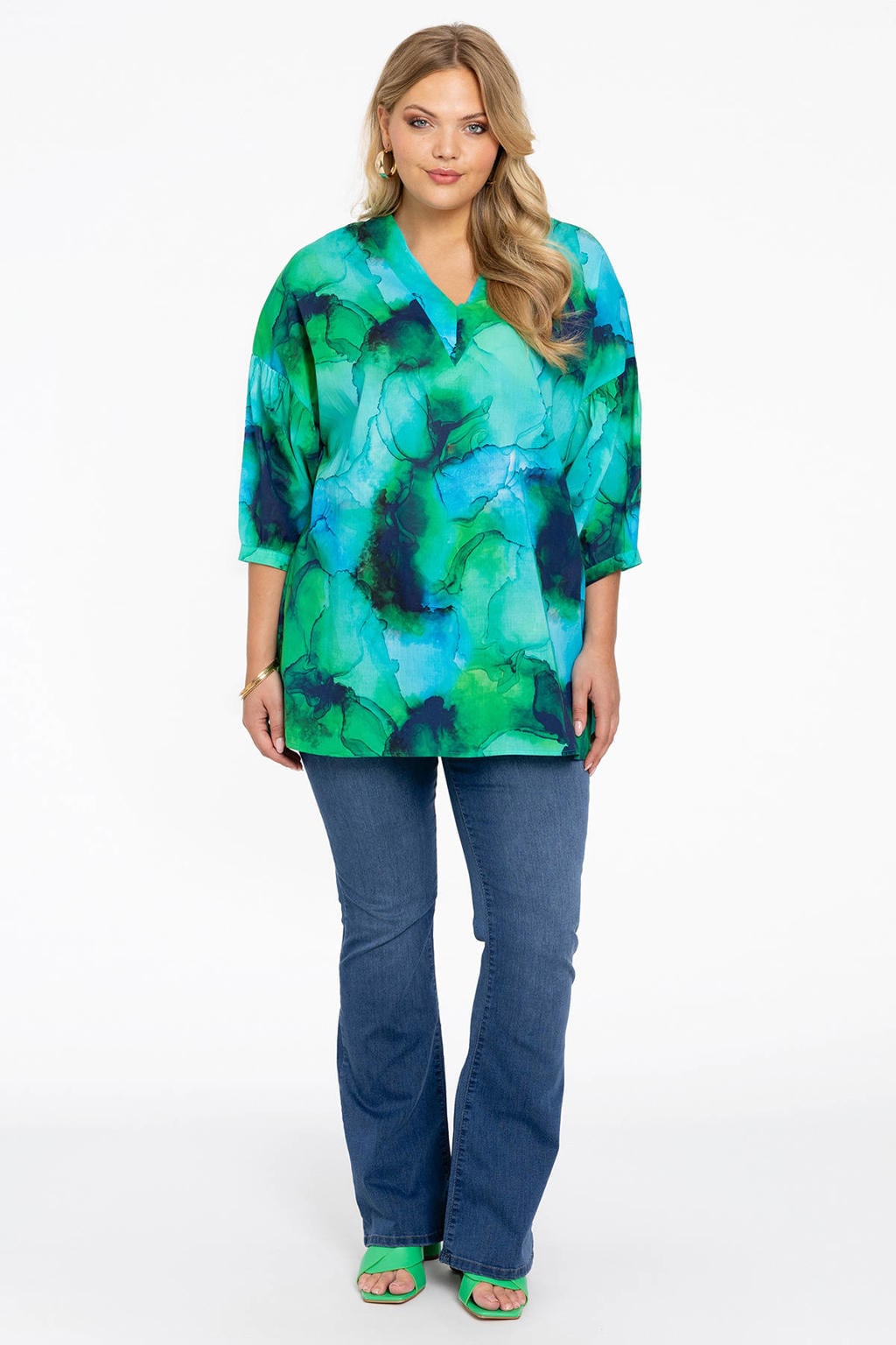 YOEK geweven blousetop met all over print groen/blauw