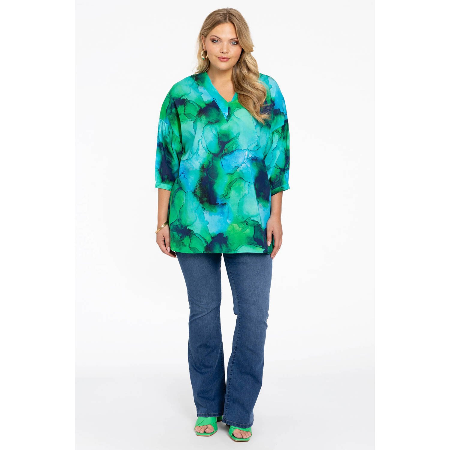 YOEK geweven blousetop met all over print groen blauw