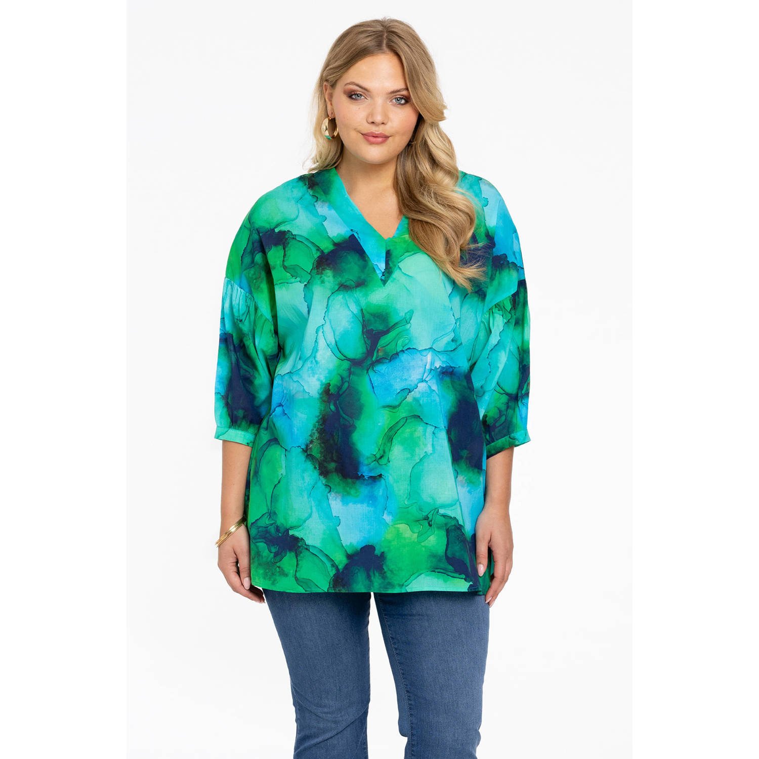 YOEK geweven blousetop met all over print groen blauw