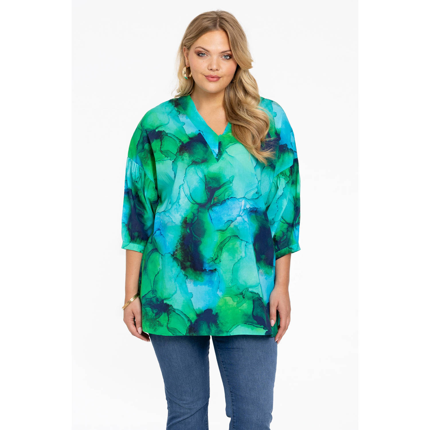 Yoek geweven blousetop met all over print groen blauw