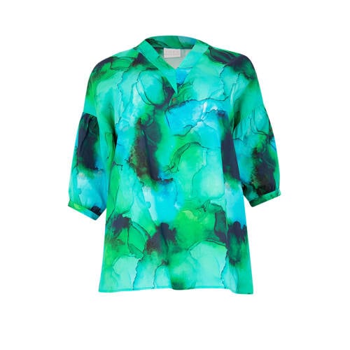 Yoek geweven blousetop met all over print groen/blauw