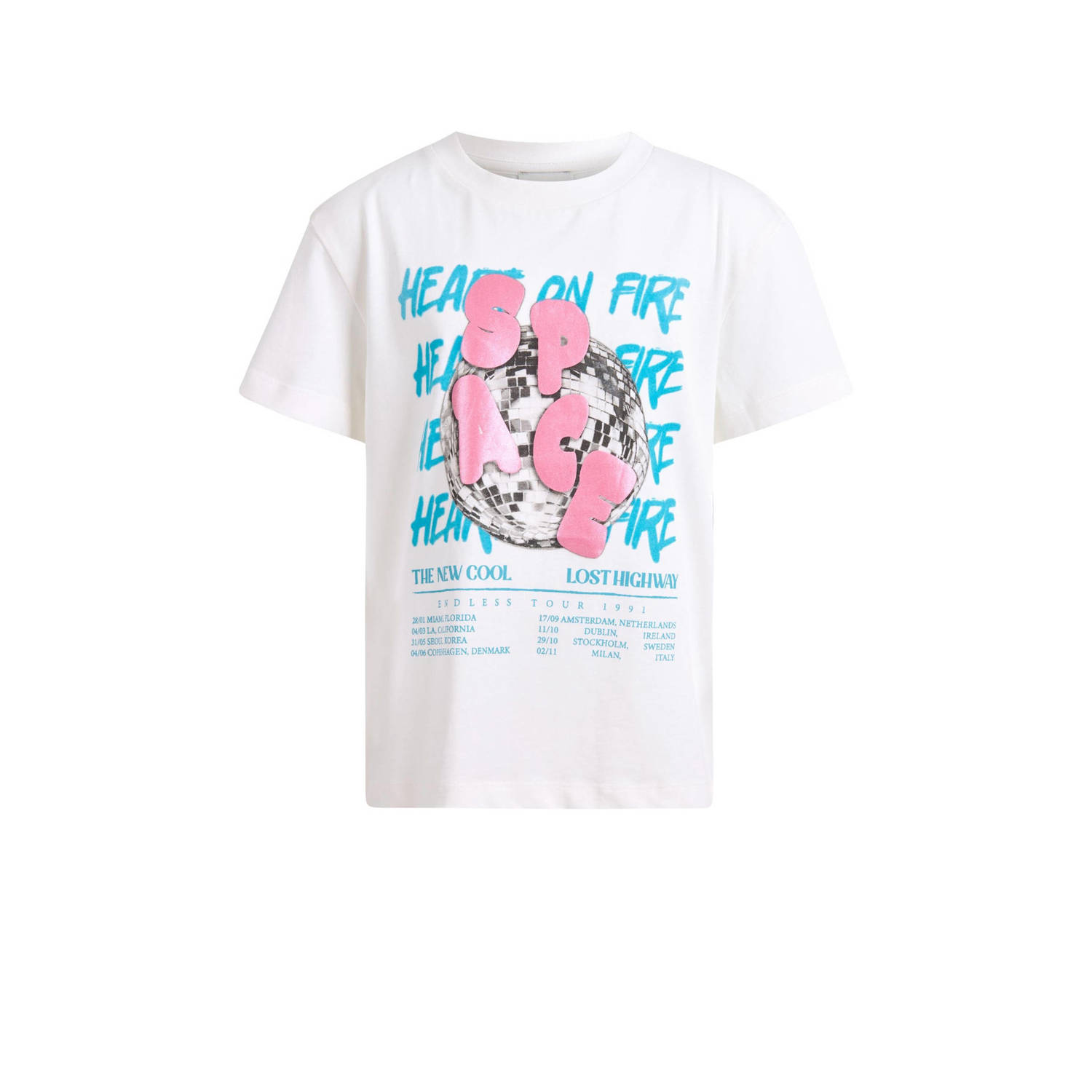 Shoeby T-shirt met printopdruk wit roze blauw Meisjes Katoen Ronde hals 146 152