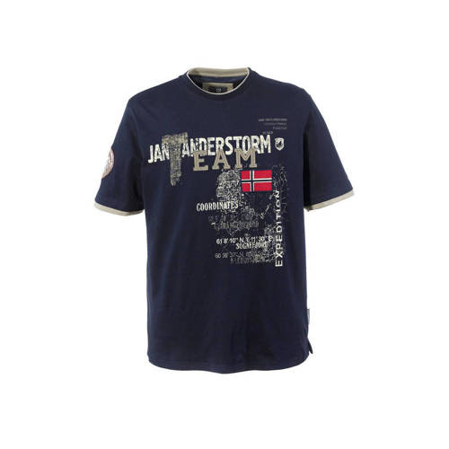 Jan Vanderstorm oversized fit T-shirt Plus Size Solve met printopdruk donkerblauw
