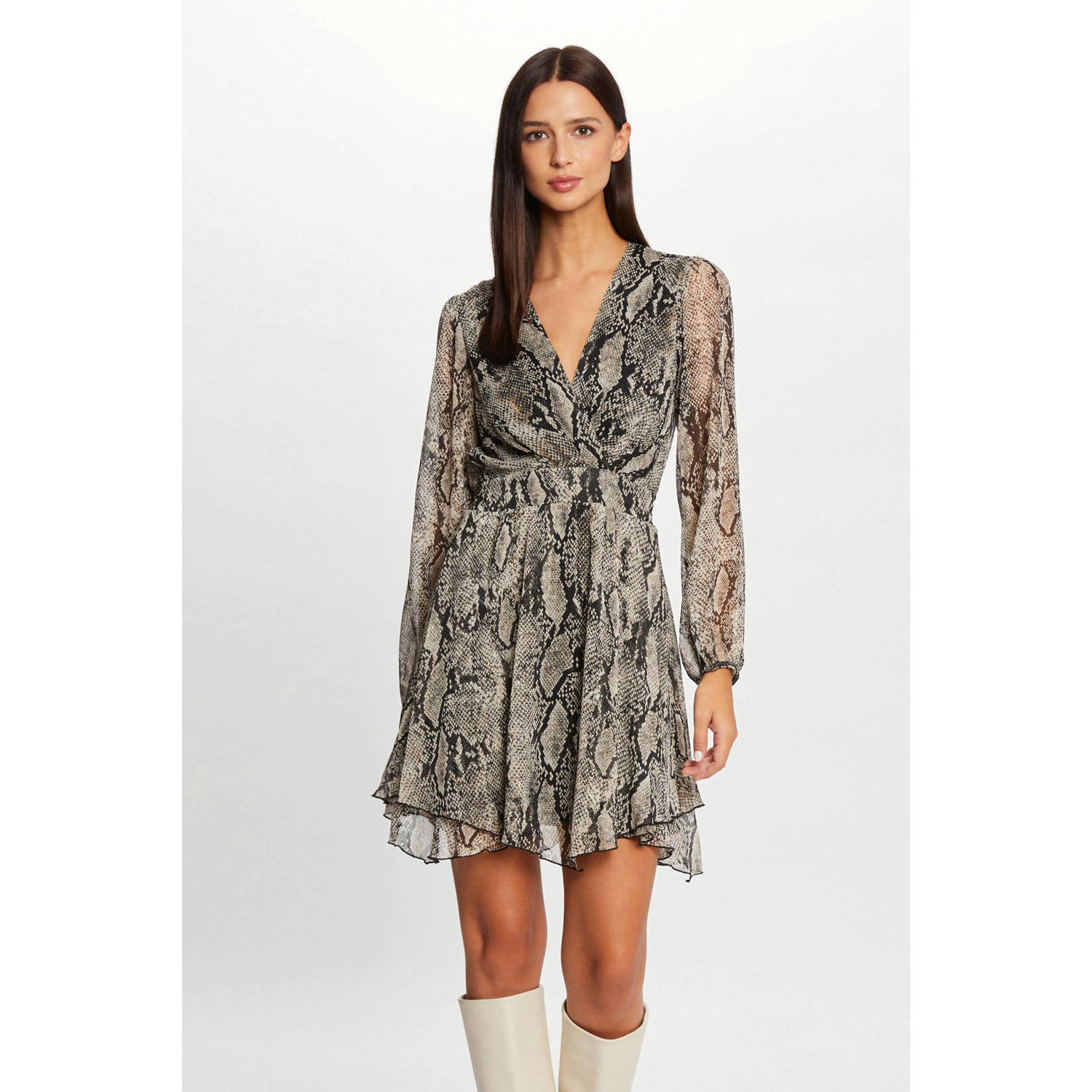 Morgan semi-transparante jurk met all over print ecru zwart