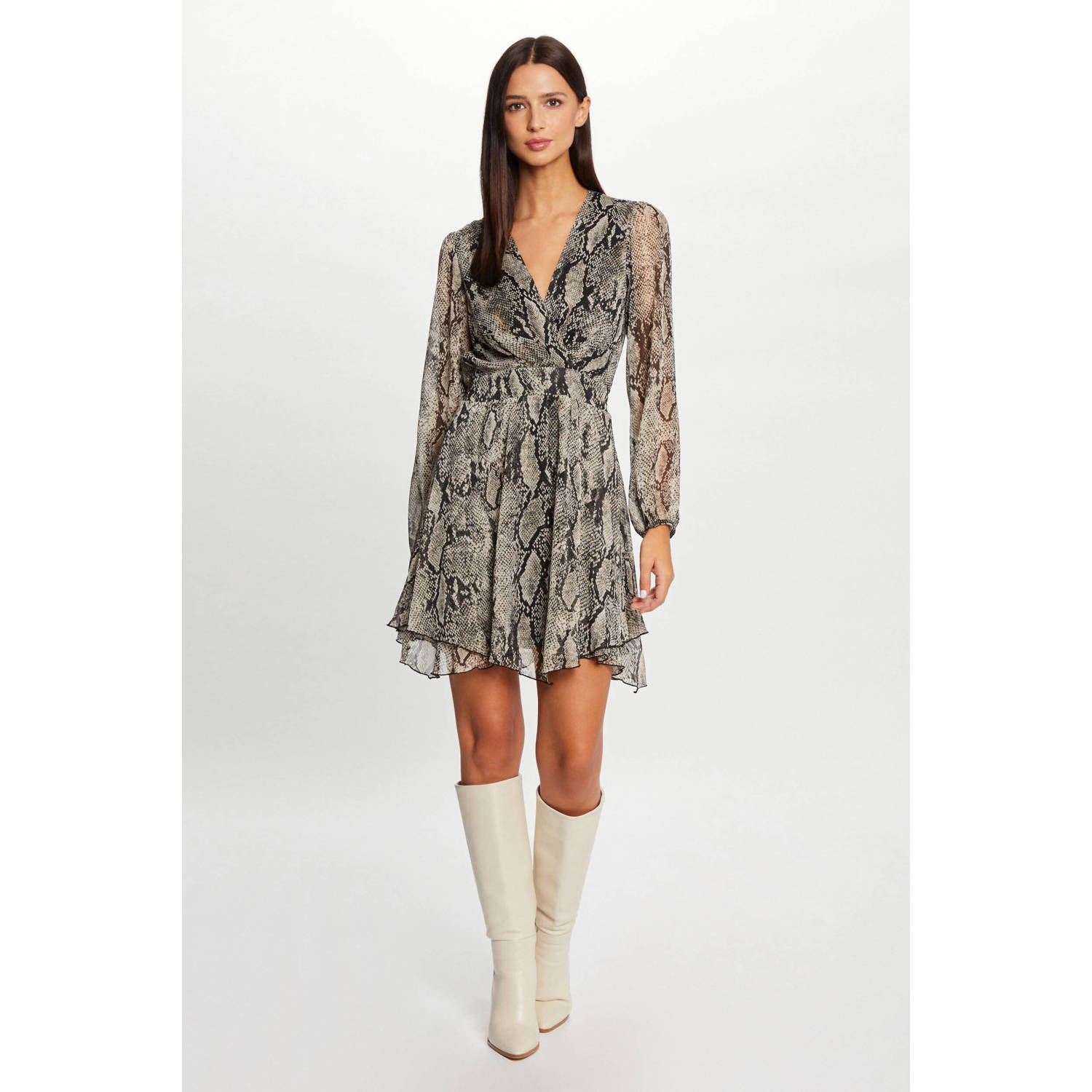 Morgan semi-transparante jurk met all over print ecru zwart