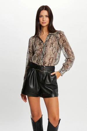semi-transparante blouse met dierenprint bruin/ zwart