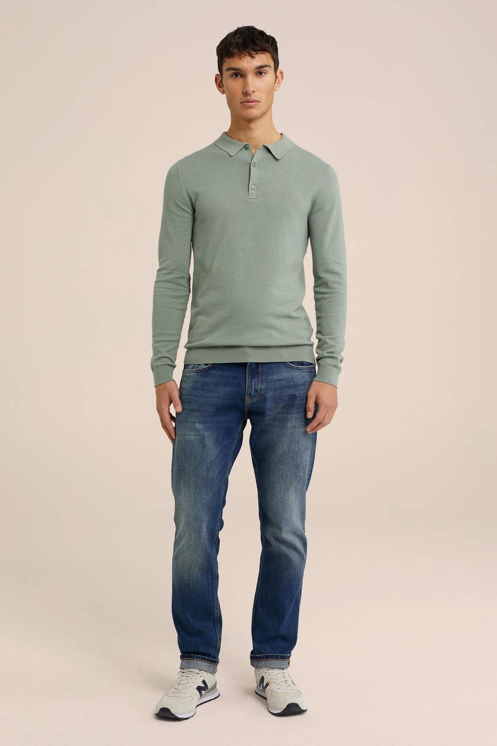 Groene heren WE Fashion gebreide polo van katoen met effen, lange mouwen, klassieke kraag en knoopsluiting