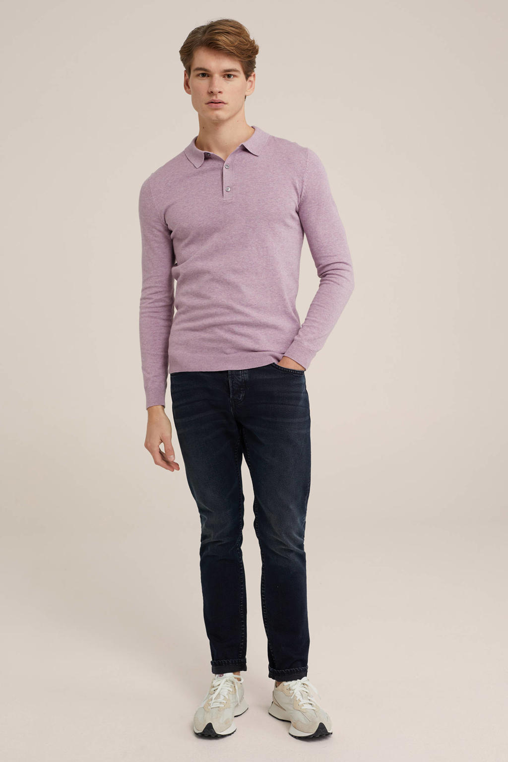 Paarse heren WE Fashion gebreide polo van katoen met melée print, lange mouwen, klassieke kraag en knoopsluiting