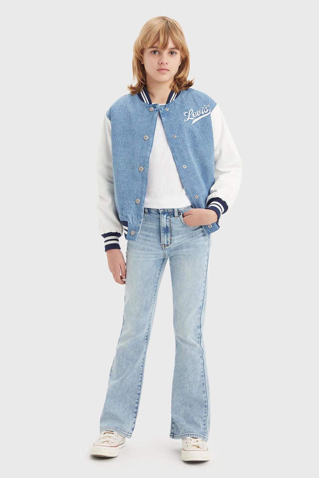 Light blue denim meisjes Levi's Kids high waist flared jeans van stretchdenim met rits- en knoopsluiting en effen