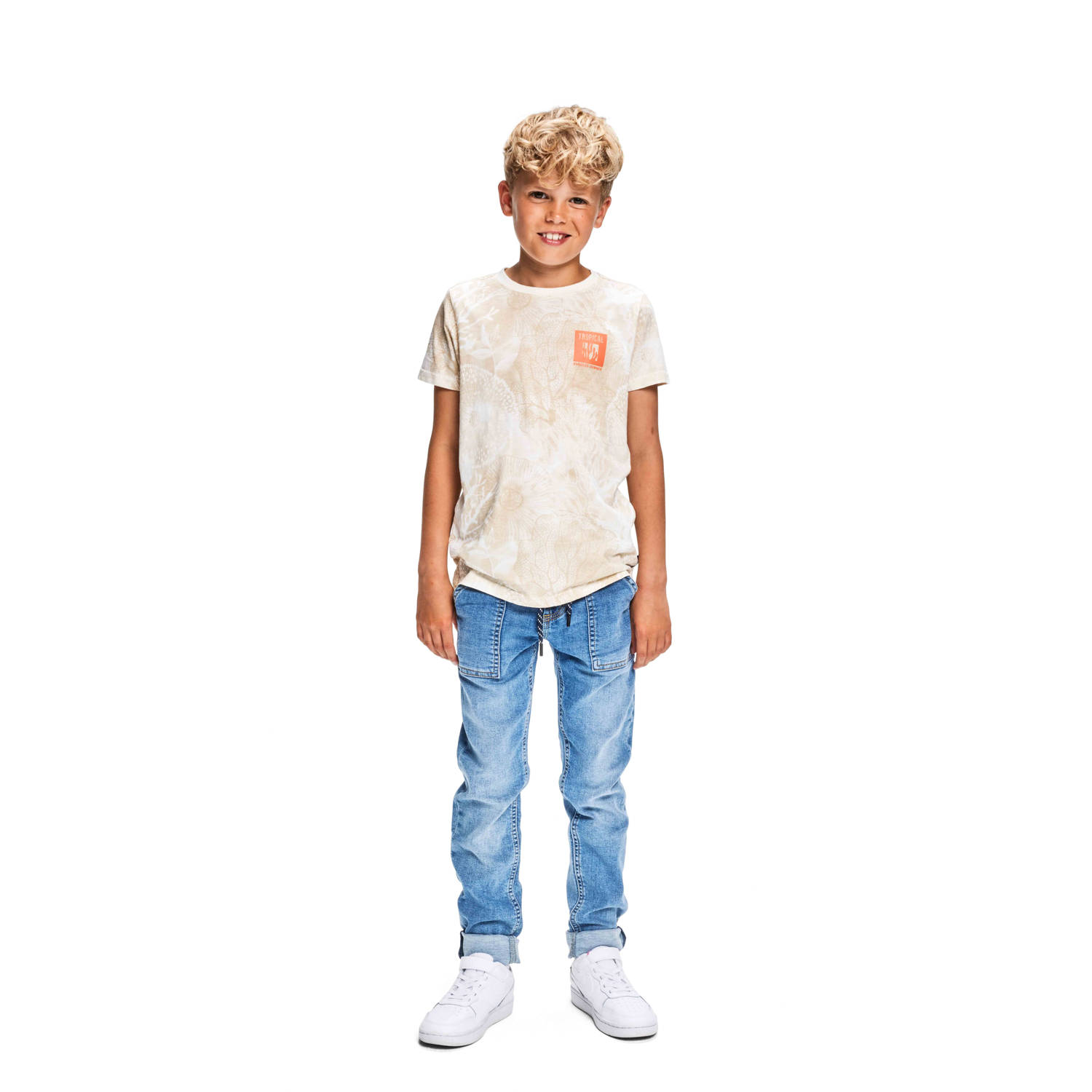 Retour Jeans T-shirt Max met all over print beige offwhite Jongens Katoen Ronde hals 146 152