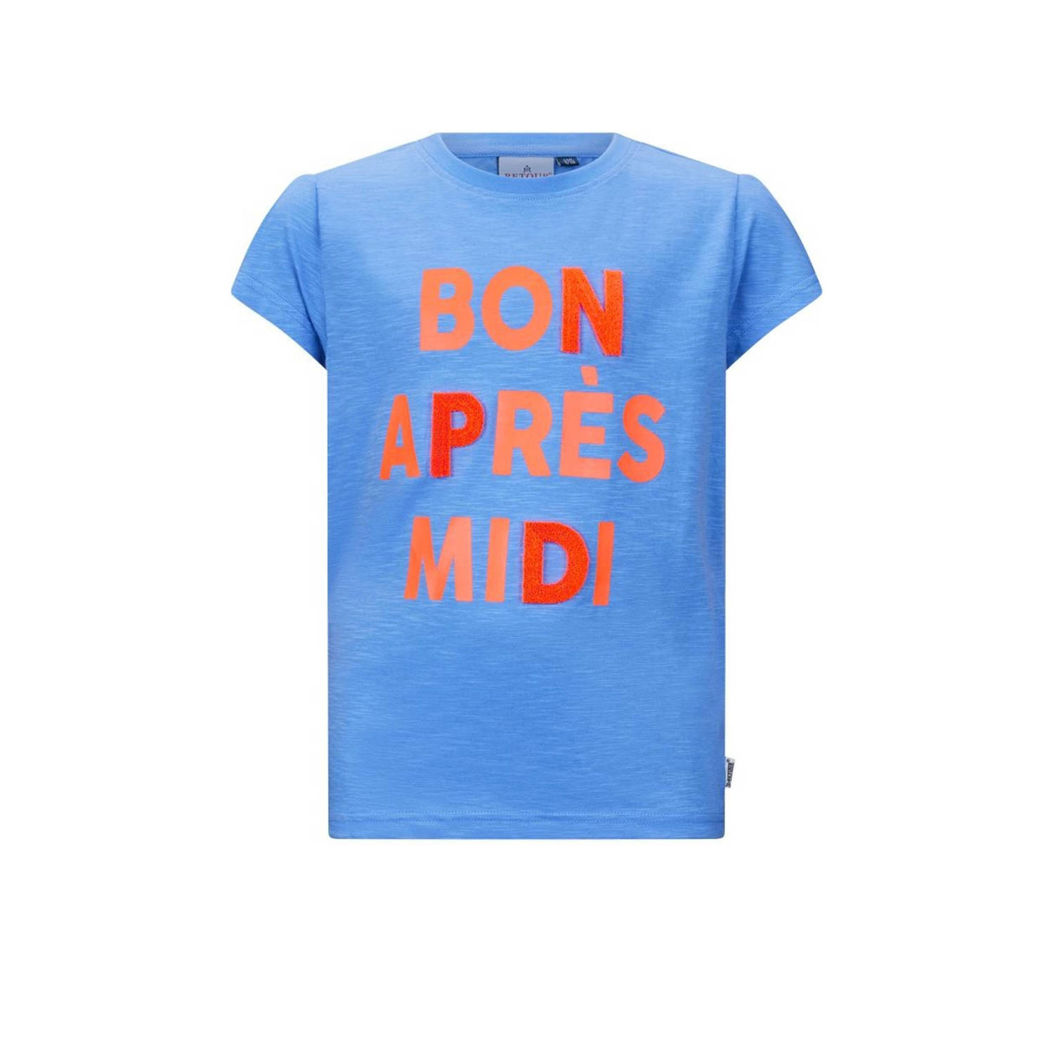 Retour Jeans T-shirt Starr met tekst blauw oranje Meisjes Katoen Ronde hals 122 128