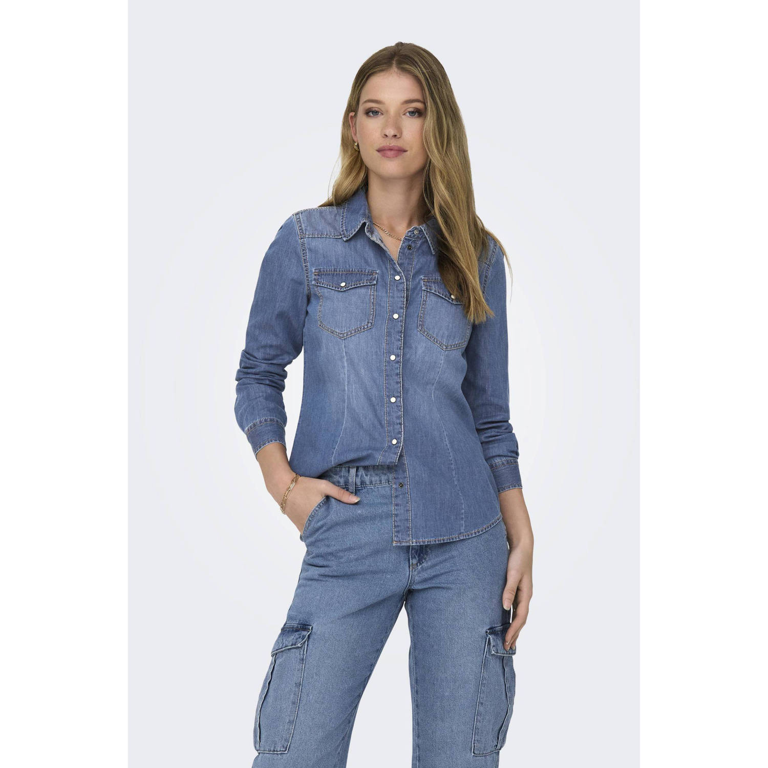 Only Denim Blouse met Lange Mouwen Alexa Stijl Blue Dames